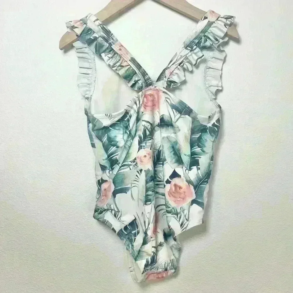 Cinnamon Girl Girls Hawaiian Floral Ruffled Sleeve Swimsuit Size 6